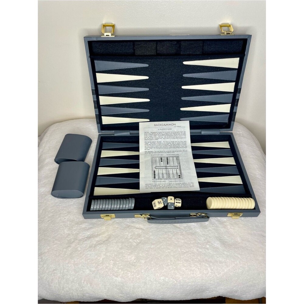 Cardinal Backgammon Game Vintage Faux Leather Travel Case Complete Gray Ivory
